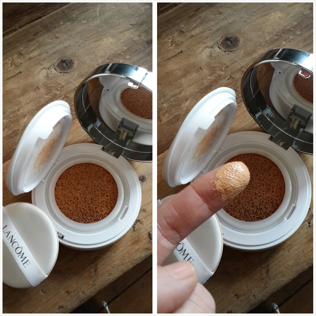 Lancôme cushion fondöten paketi ve parmakta ürünün dokusu