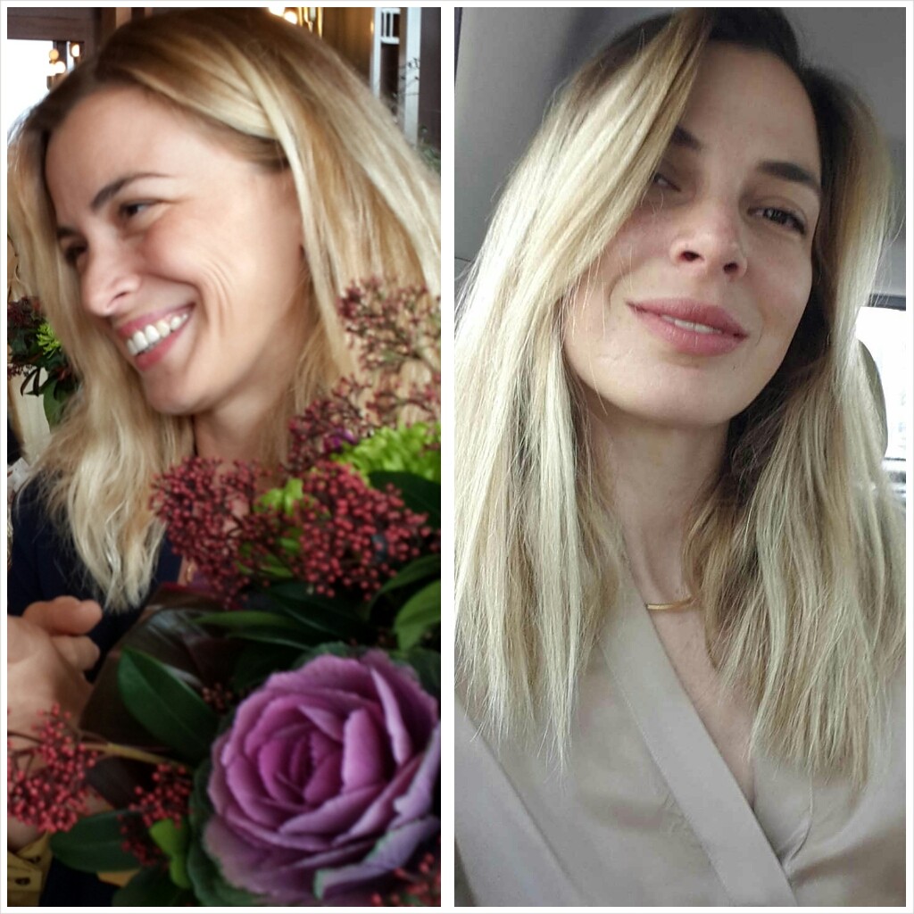 Gülümseyen ve sakin ifadeli sarışın bir kadının iki portre fotoğrafı