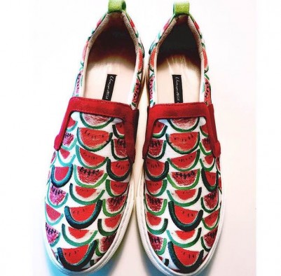 Karpuz desenli, kırmızı bantlı, yazlık, rahat slip-on spor ayakkabılar