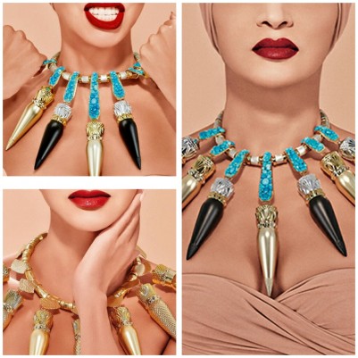 Louboutin rujları ve turkuaz taşlarından yapılmış eşsiz kolye