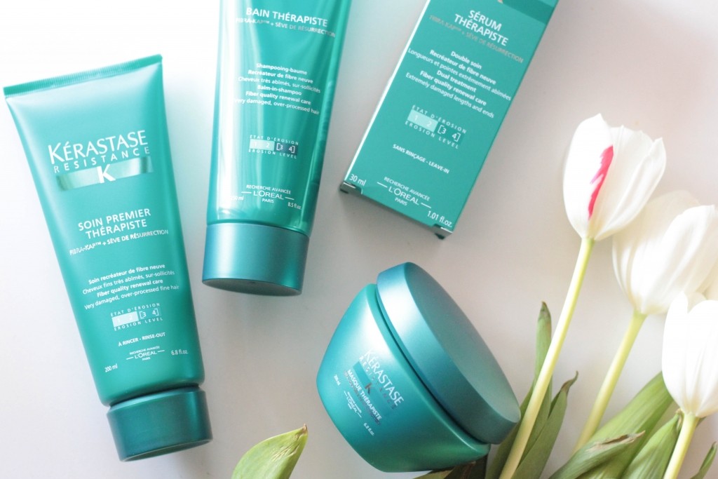 Kerastase Resistance Thérapiste saç ürünleri ve beyaz laleler