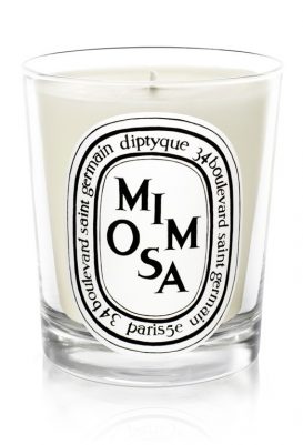 Diptyque Mimosa mumu cam bir kapta beyaz arka plan üzerinde