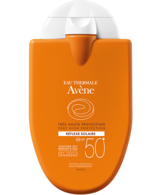 Avene SPF 50 kuru dokunuş suya dayanıklı turuncu güneş kremi şişesi