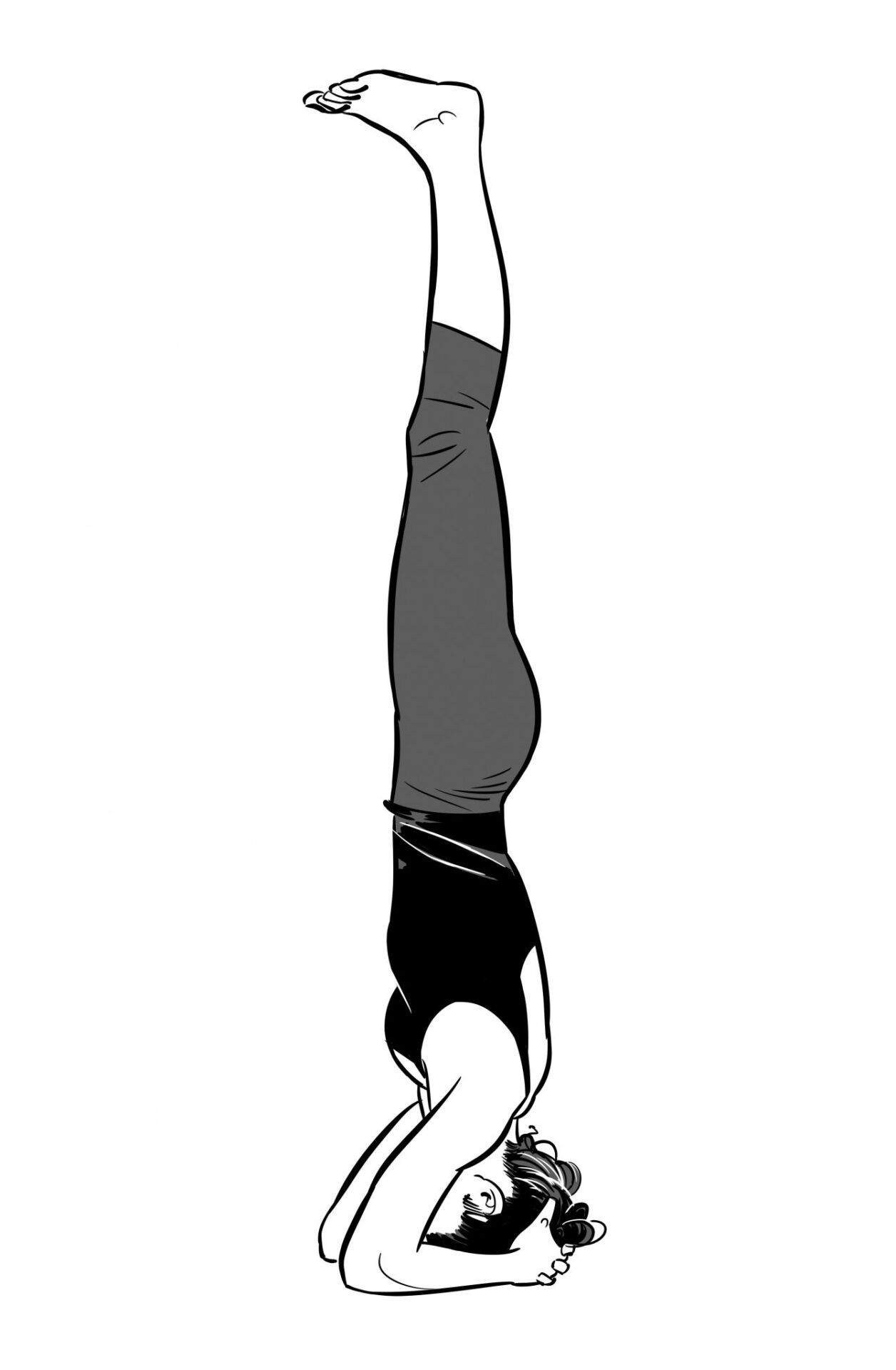 Baş duruşu yoga pozu yapan bir kadının siyah beyaz çizimi