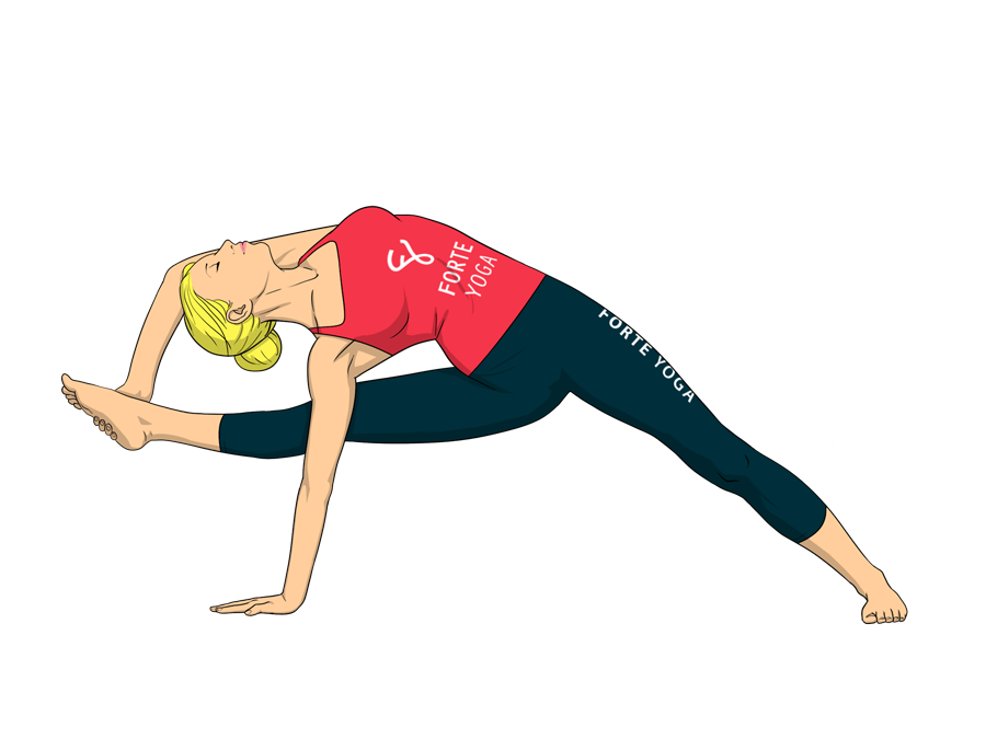 Kırmızı tişört ve lacivert taytla Forte Yoga pozu yapan kadın