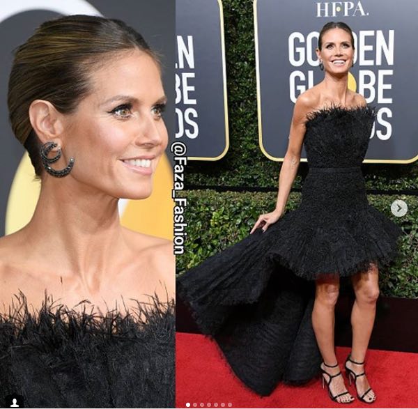 Heidi Klum siyah tüylü straplez elbisesiyle Altın Küre kırmızı halıda
