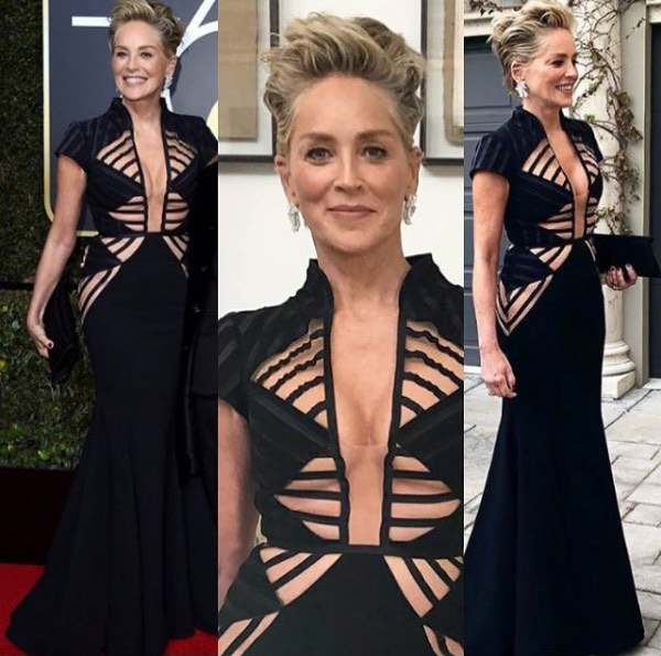 Sharon Stone siyah dekolteli kesik detaylı elbisesiyle gülümsüyor