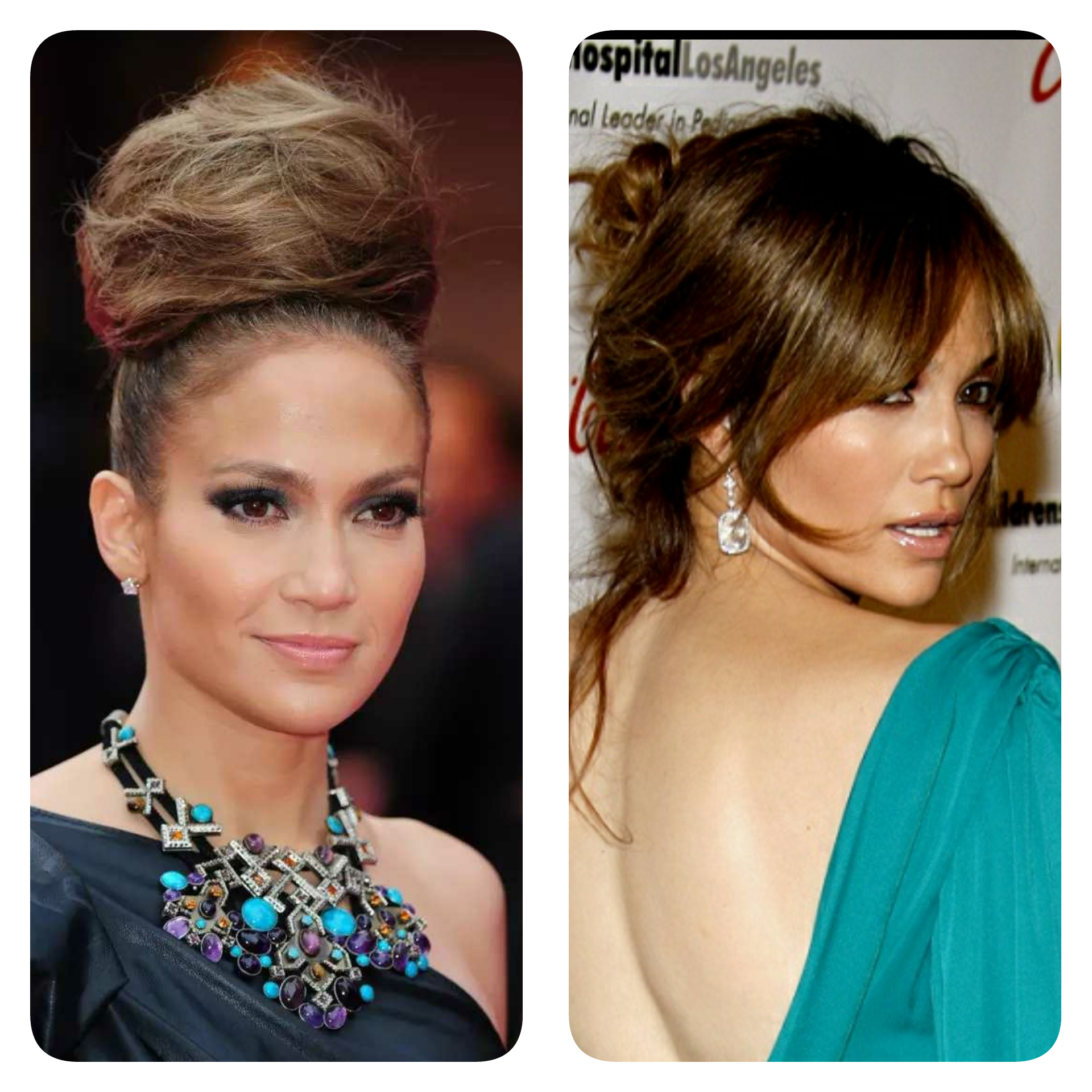 Jennifer Lopez farklı saç ve makyaj stillerinde iki portre fotoğrafı