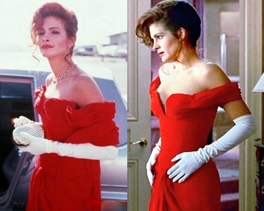 Kırmızı elbiseli ve beyaz eldivenli Julia Roberts Pretty Woman filminden
