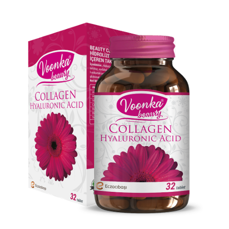 Pembe çiçekli Voonka Beauty Kollajen Hyaluronik Asit takviyesi kutu ve şişe