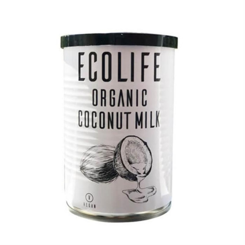 Beyaz Ecolife organik Hindistan cevizi sütü kutusu vegan logolu ve Hindistan cevizi çizimli