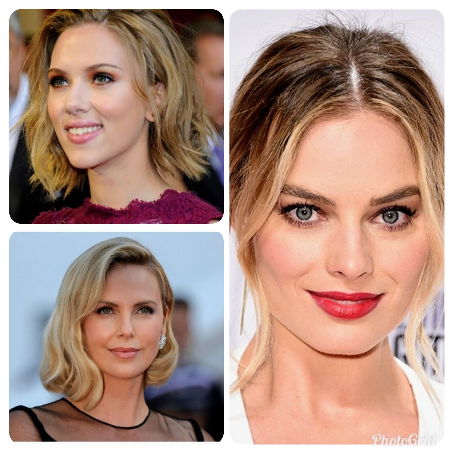 Ünlü sarışın aktrisler Scarlett Johansson Margot Robbie ve Charlize Theron'un kolajı