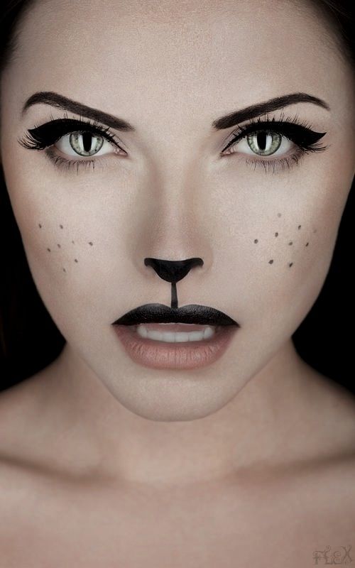 Kedi makyajlı kadın, siyah eyeliner, burun, dudaklar ve benekli yanaklar