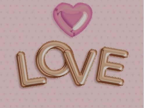 Pembe zeminde altın rengi LOVE harf ve pembe kalp balonları