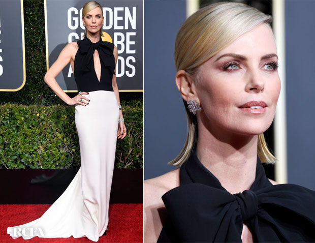 Charlize Theron Altın Küre'de siyah beyaz fiyonklu şık elbisesiyle