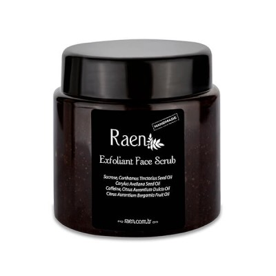 Raen el yapımı eksfolyan yüz peelingi koyu renkli kavanozda içerikleriyle