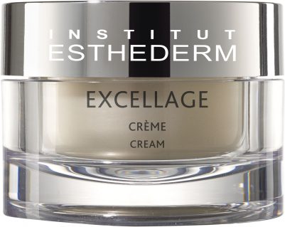 Institut Esthederm Excellage krem gümüş kapaklı şeffaf cam kavanozda