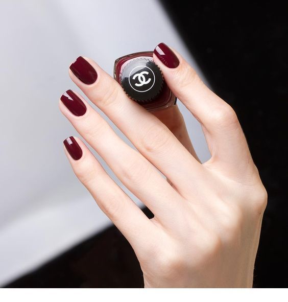 Bir el Chanel koyu bordo oje şişesini ve ojeli tırnakları gösteriyor