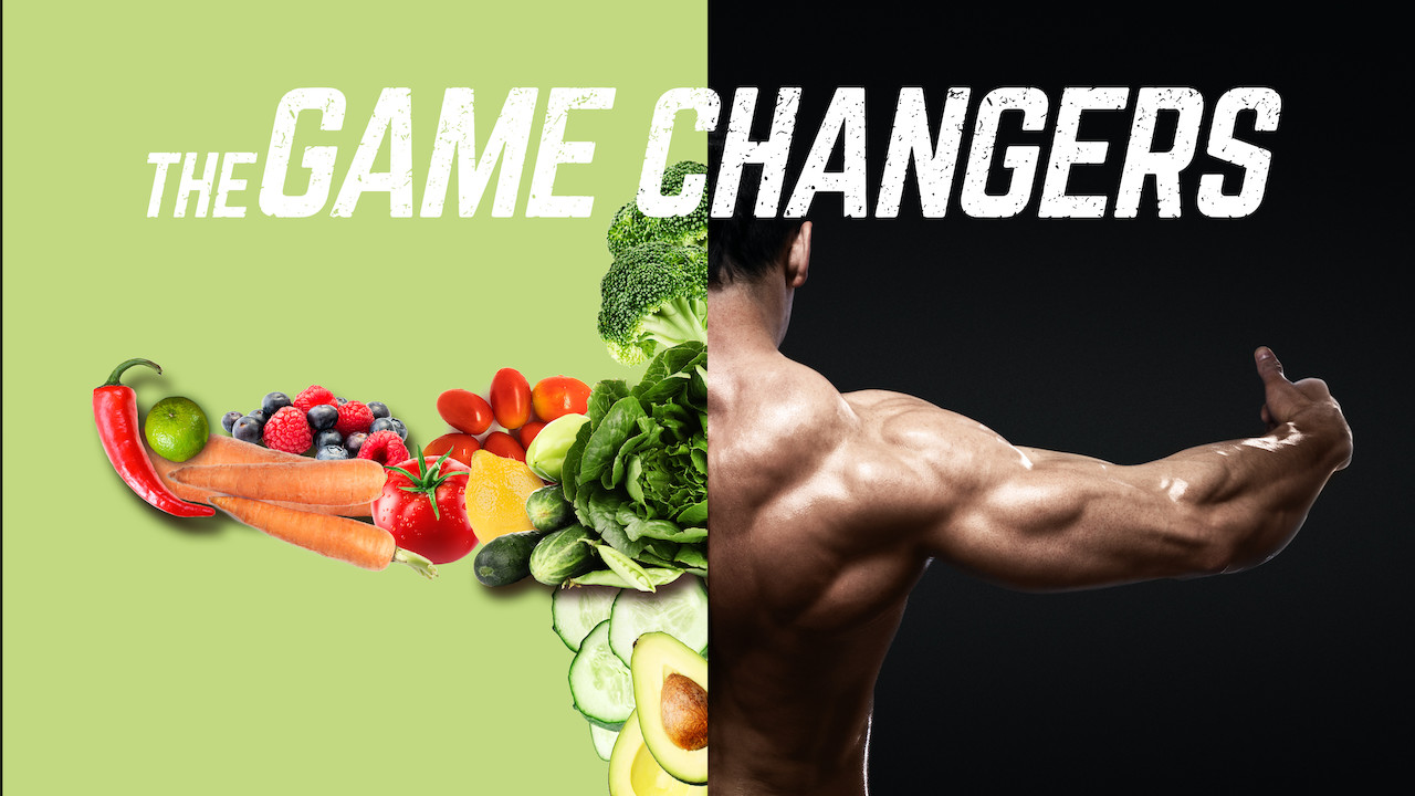 Game Changers başlığı, sebze meyve ve kaslı erkek vücudu