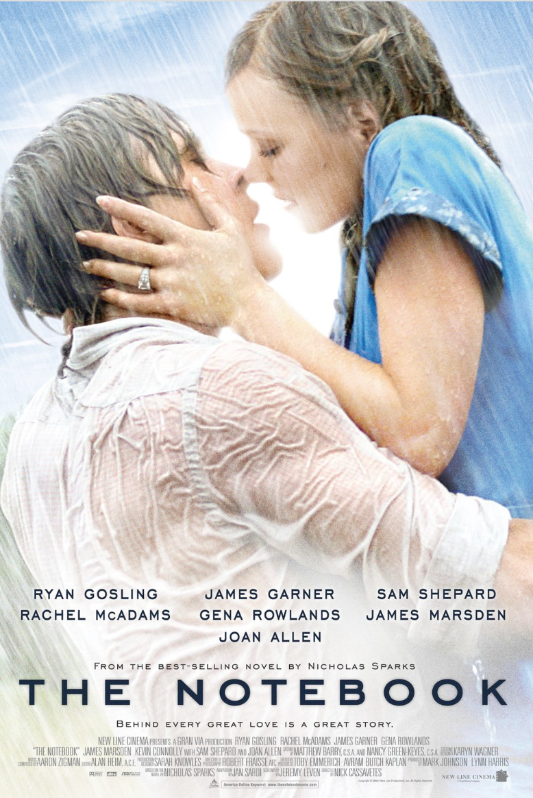 The Notebook film afişi, yağmurda öpüşen aşık çiftin romantik pozu
