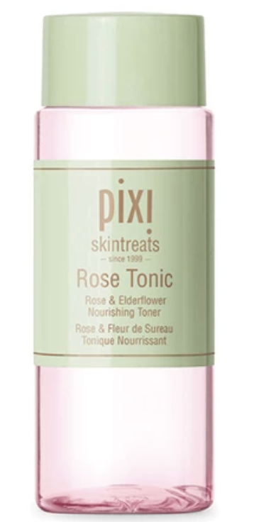 Pixi Rose Tonic pembe tonik şişesi, yeşil kapak ve etiketli