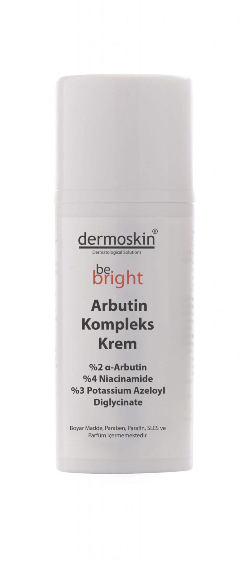Dermoskin be bright arbutin kompleks krem beyaz ürün şişesi