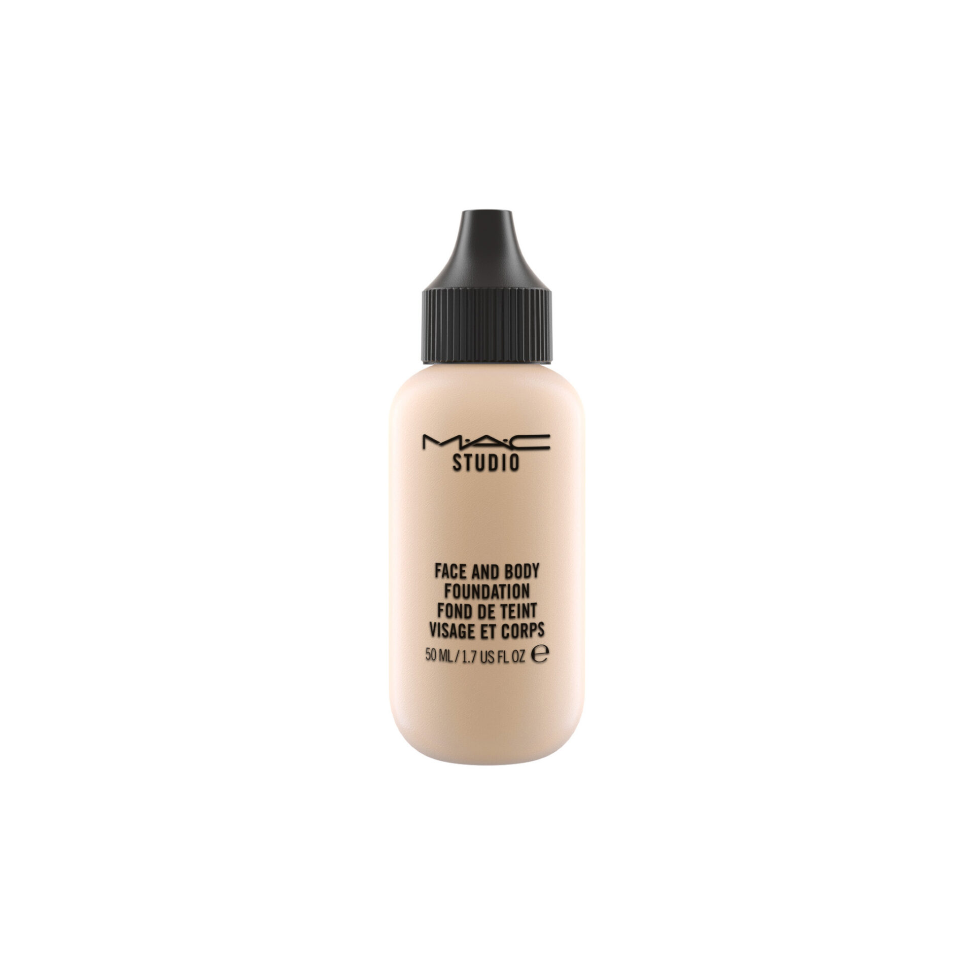 Beyaz zeminde açık renk MAC Studio Face and Body fondöten şişesi