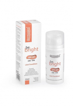 Dermoskin Be Bright SPF 50 UVA-UVB likit fondöten kutusu ve şişesi