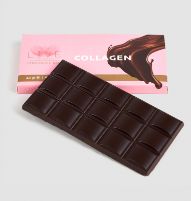 LIVE Collagen markalı koyu renkli çikolata barı ve pembe ambalajı