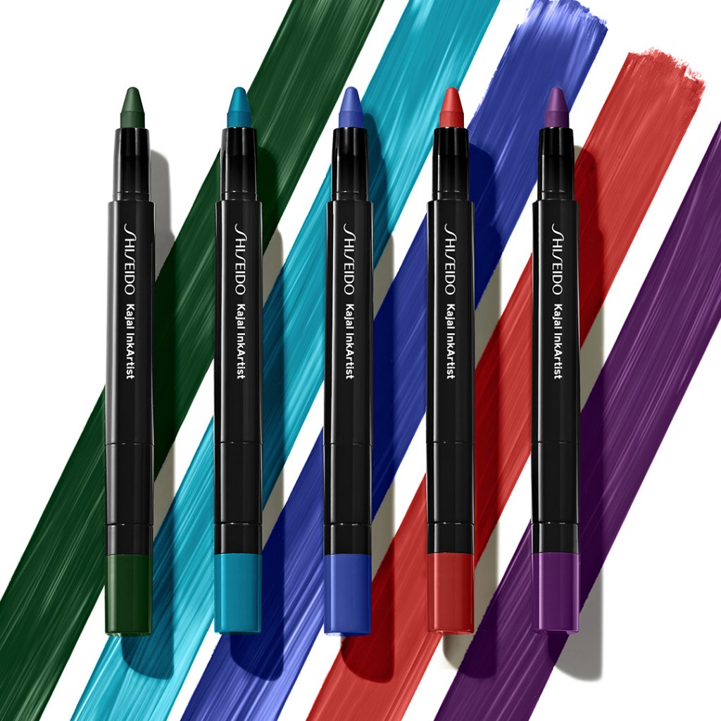 Canlı renklerde Shiseido Kajal InkArtist kalemler ve arkalarındaki boya izleri