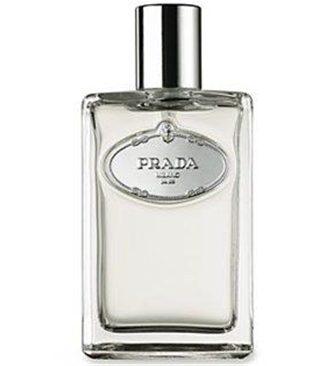 Prada markalı gümüş renkli kapaklı şeffaf cam parfüm şişesi