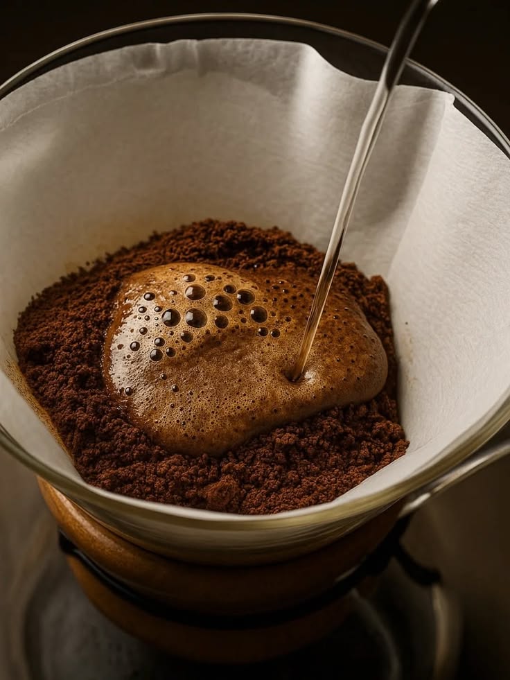 Pour over kahve hazırlanışı filtrede köpüren öğütülmüş kahve ve su akışı