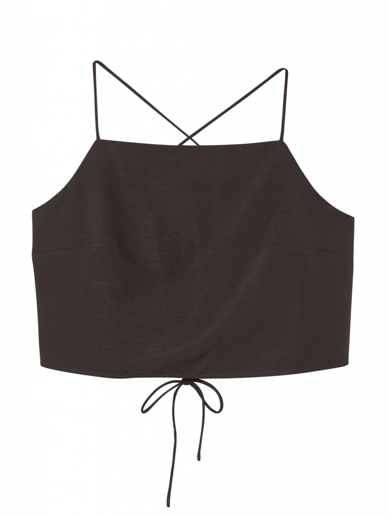 Koyu kahverengi askılı, bağlamalı, keten dokulu crop top
