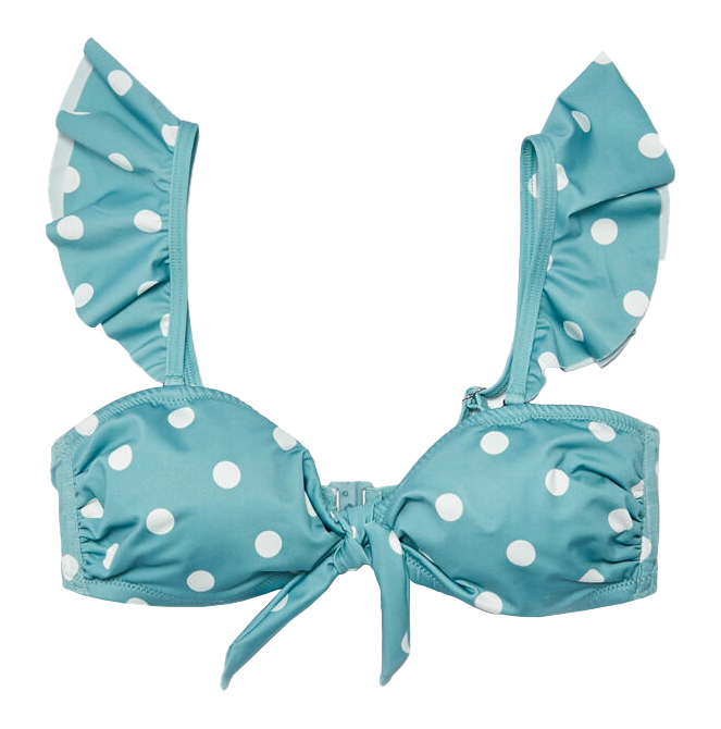 Turkuaz puantiyeli fırfırlı askılı bağlamalı bikini üstü