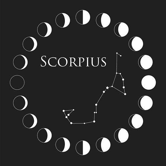 Siyah zemin üzerinde Scorpius takımyıldızı, ay evreleri ve yazısı