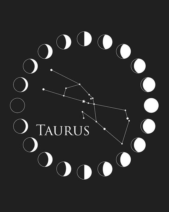 Taurus takımyıldızı ve ay evreleri siyah arka planda