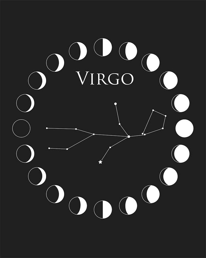 Virgo burcu takımyıldızı ay evreleri ile çevrili siyah beyaz görsel