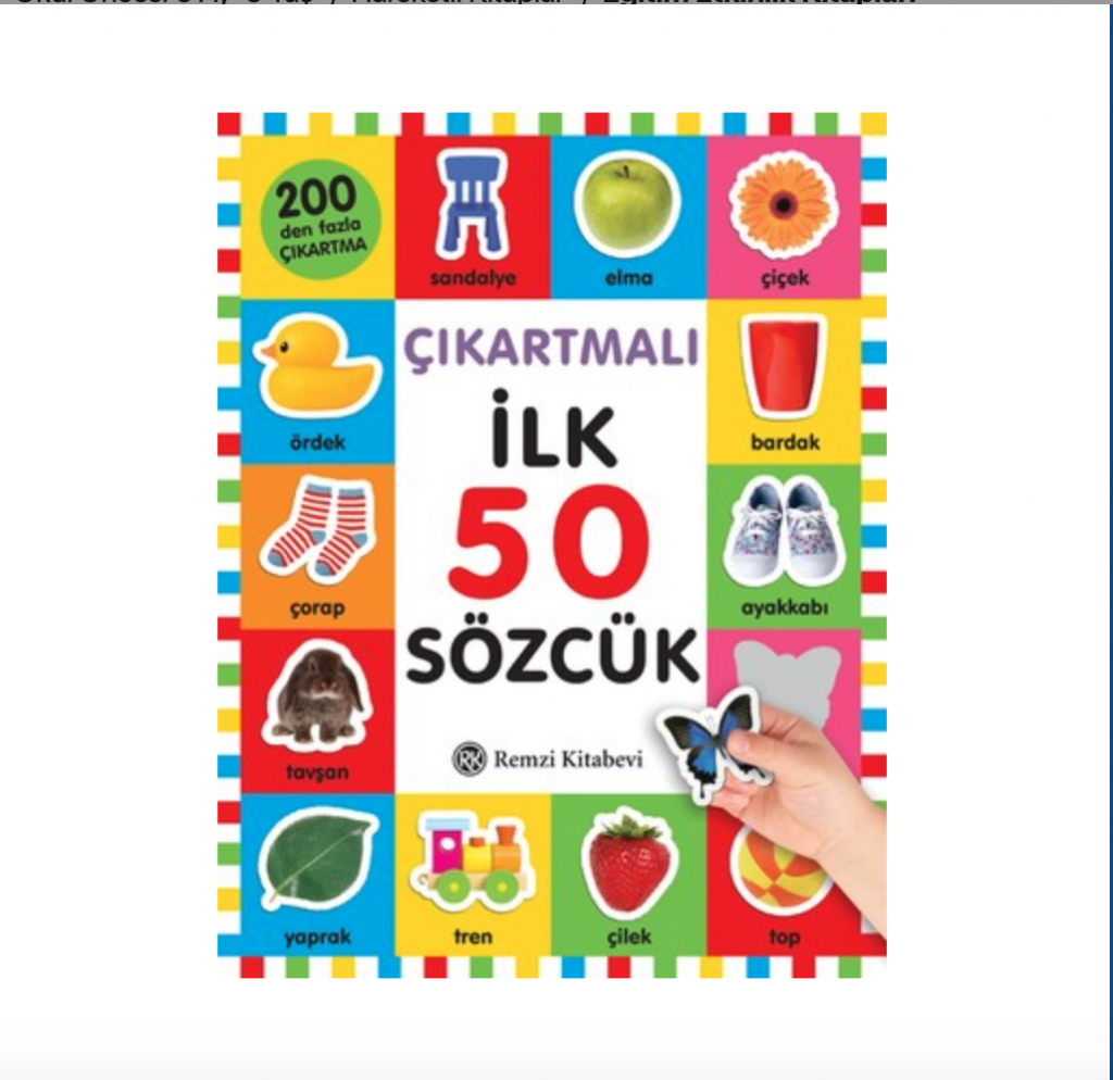 Çıkartmalı İlk 50 Sözcük çocuk kitabı kapağı, renkli resimli kelimelerle dolu