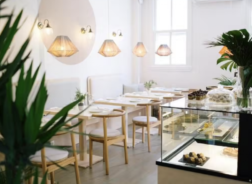 Modern, aydınlık bir kafe, bitkiler ve tatlı vitriniyle dekore edilmiş