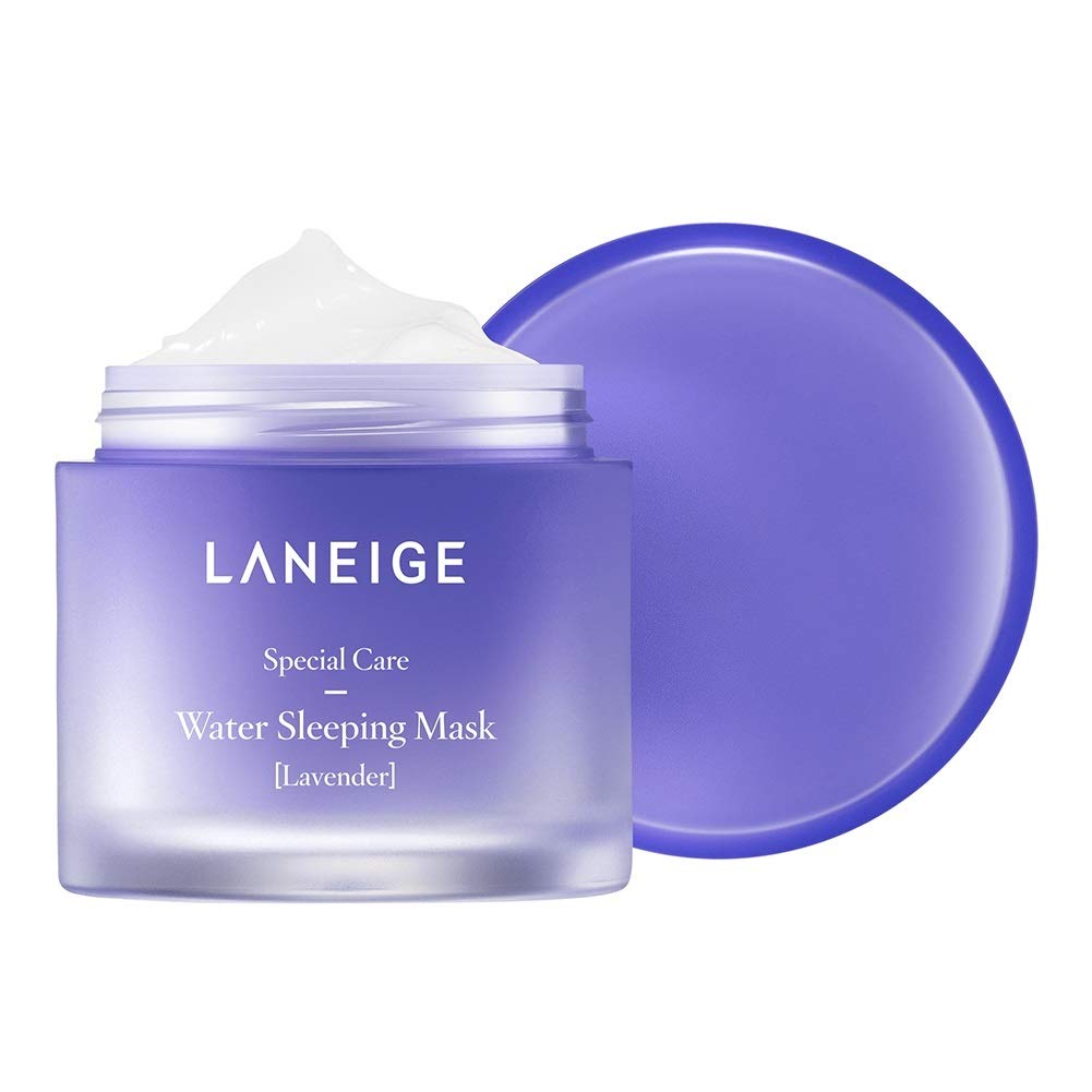 Laneige Su Uyku Maskesi Lavanta, açık mor kavanoz ve beyaz maske