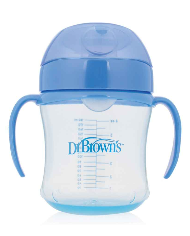 Mavi kapaklı ve kulplu şeffaf Dr Brown's bebek alıştırma bardağı