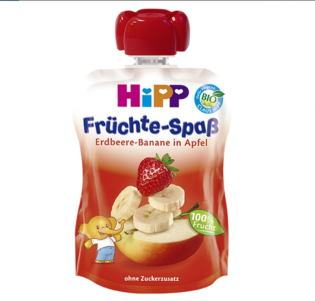 HiPP çilek muz elma meyve püresi, organik bebek maması poşeti