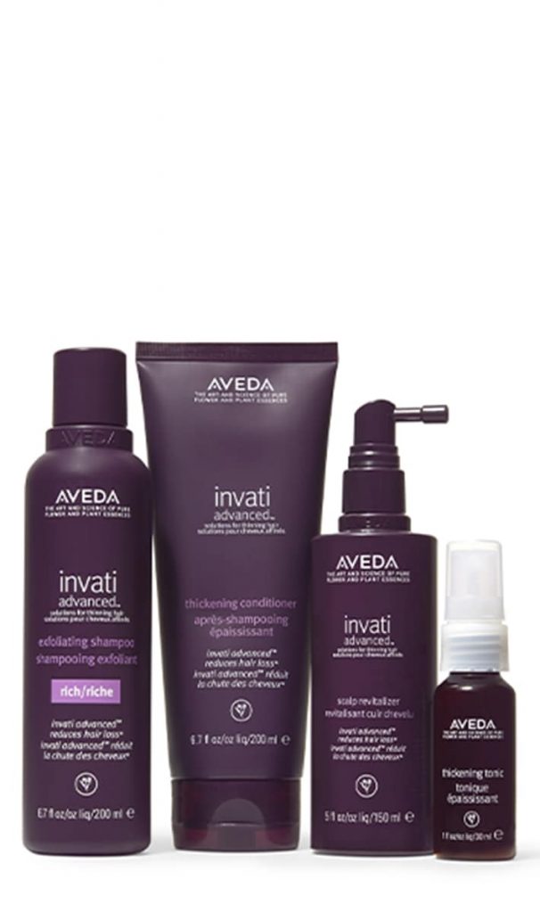 Aveda Invati Advanced serisinden dört mor saç bakım ürünü