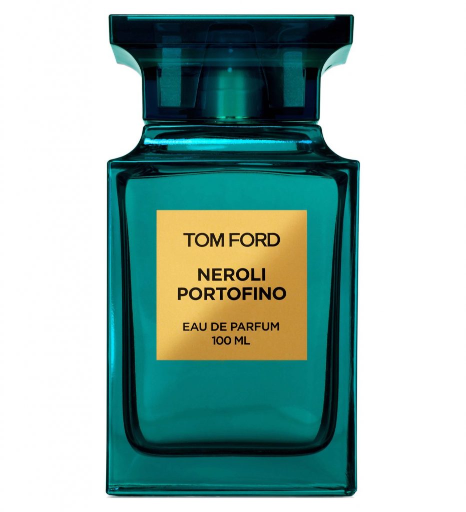 Tom Ford Neroli Portofino parfüm şişesi turkuaz renkli altın etiketli