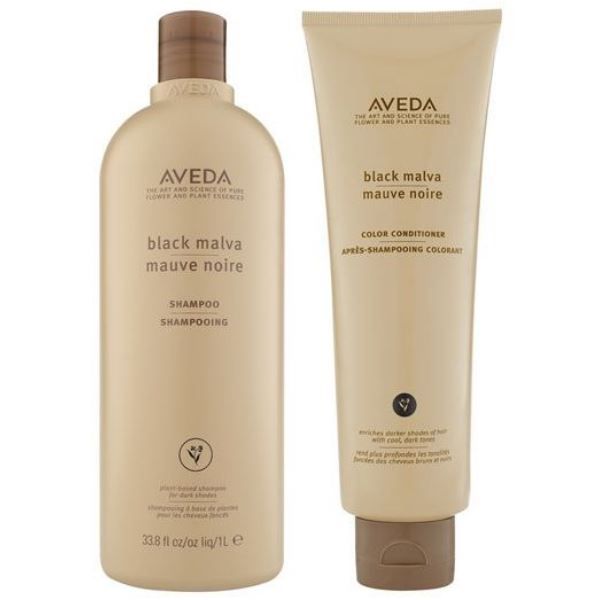 Aveda Black Malva şampuan ve saç kremi ürünleri yan yana