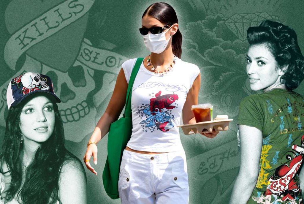 Ed Hardy kıyafetleriyle üç kadın moda kolajı yeşil fon