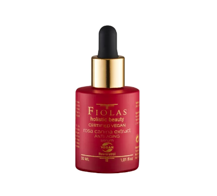Kırmızı damlalıklı FIOLAS anti-aging serum, vegan ve kuşburnu özlü