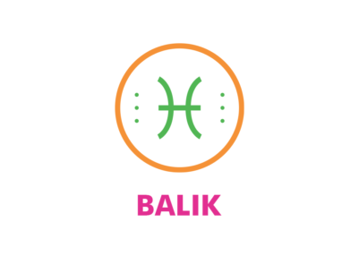 Turuncu daire içinde yeşil Balık burcu sembolü ve pembe Balık yazısı