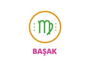 Yeşil Başak burcu sembolü turuncu daire içinde altında pembe Başak yazısı