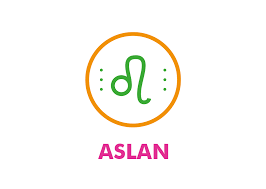 Turuncu daire içinde yeşil Aslan burcu sembolü ve ASLAN yazısı